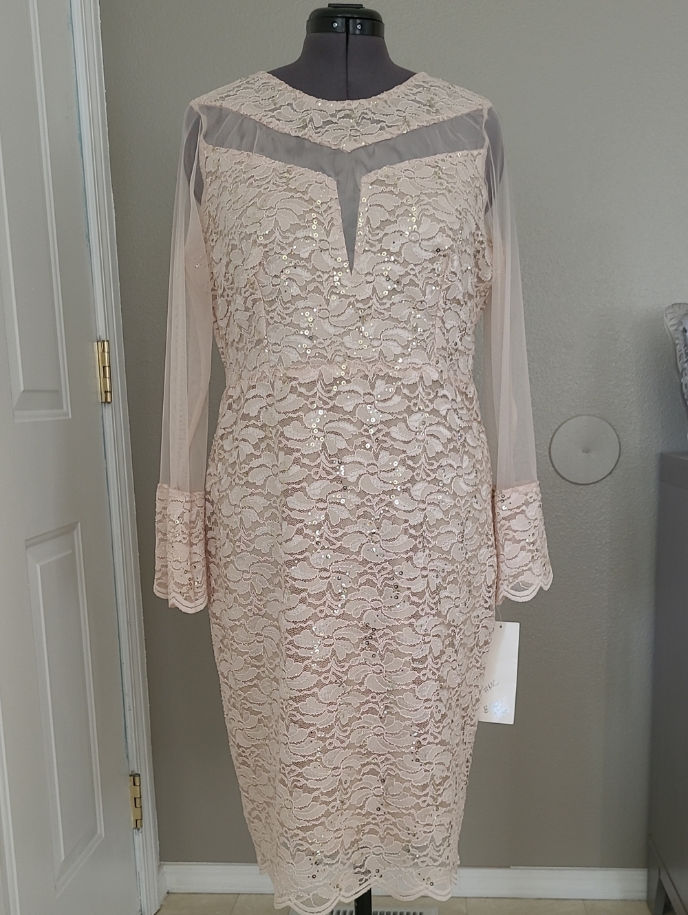 Champagne Formal Sequence Wedding Long-Sleeve Sheath Dress with Sheer Yoke